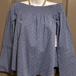 Blue with white polka dots Maette (by Stella & Dot) Off the Shoulder top